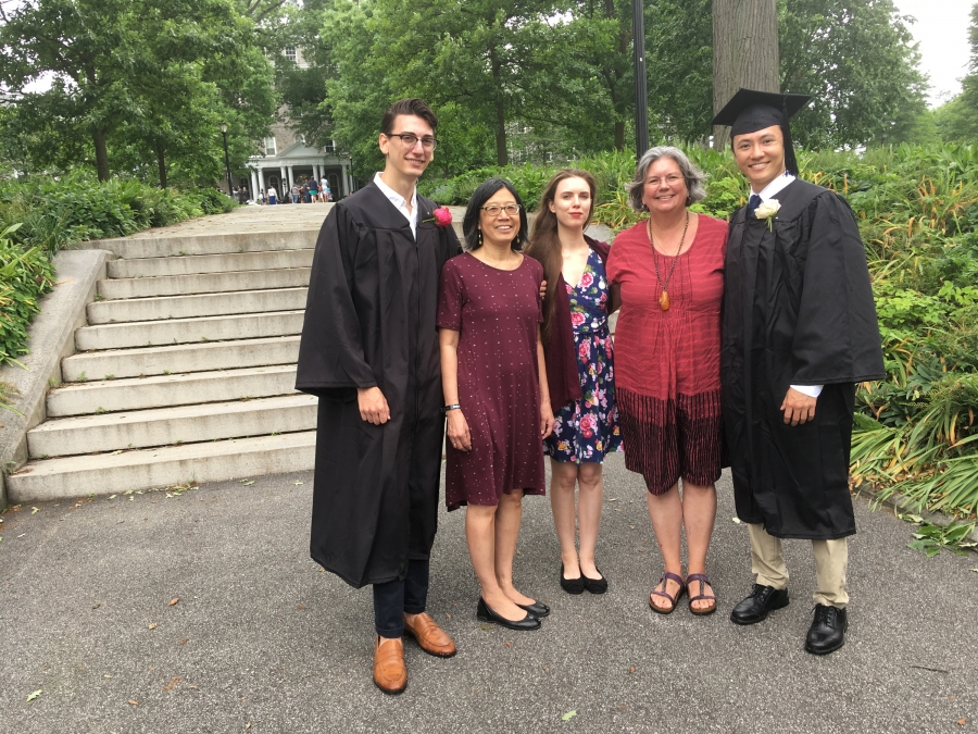 Vivian Yeh ’83 and Donna Gresh ’83 with Donna's kids, Miranda and Owen Kephart, and Vivian’s, Aiden Greer.